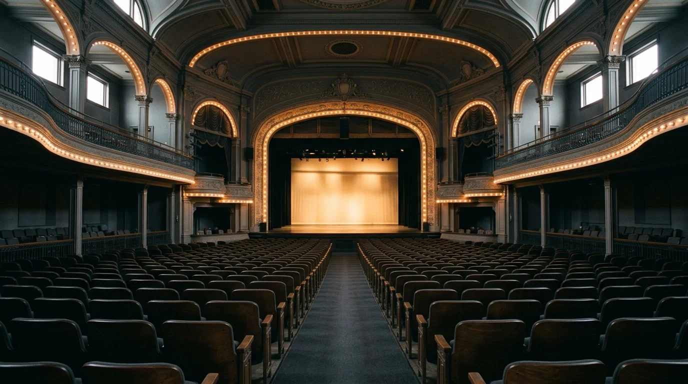 Empty theater seats with warm stage-light glow