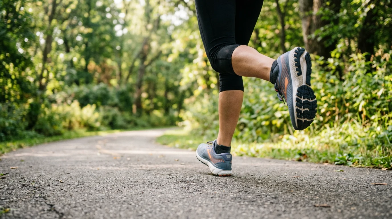 A person's legs and sneakers mid-stride on a park path, overlaid with a minimalist step-count dial or bar chart showing a diminishing-returns curve, in a calm, data-f.