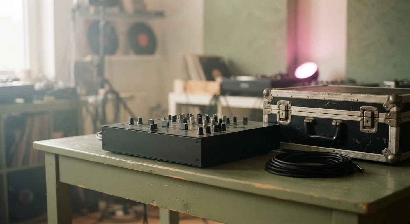 DJ mixer and flight case under magenta club light