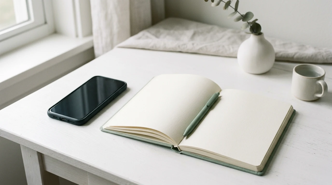 Smartphone with dark screen beside an open notebook on a tidy desk