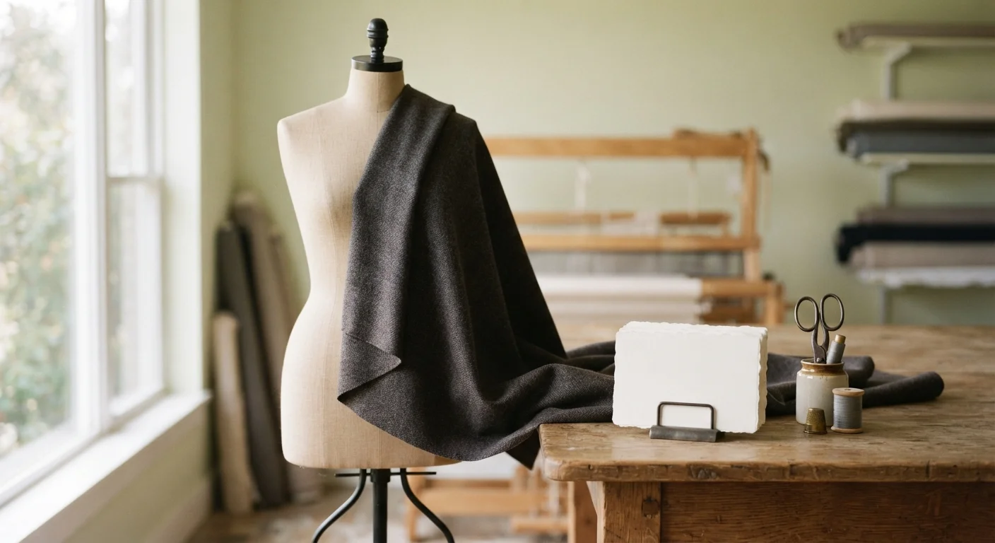 Charcoal fabric draped on a dress form under studio light