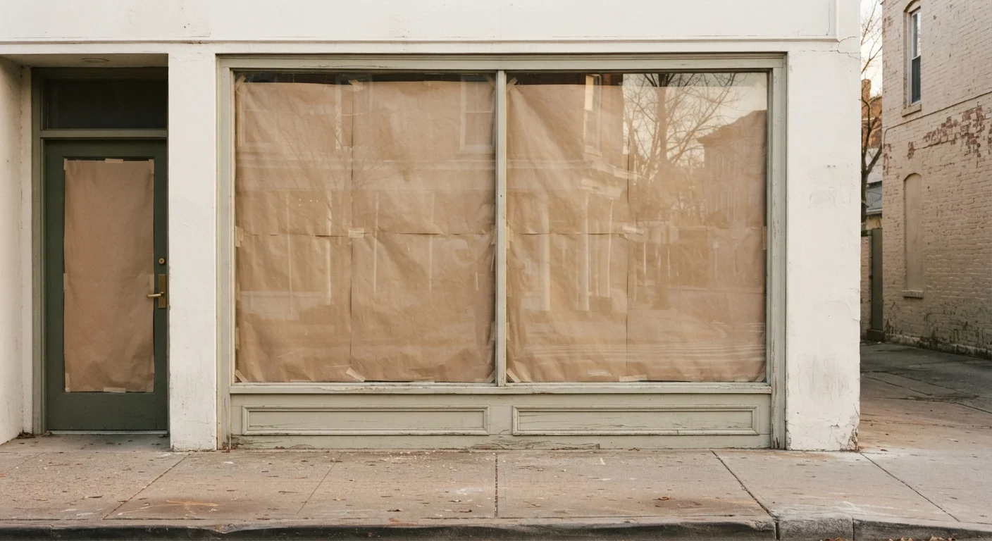 Empty storefront window with brown paper and reflections