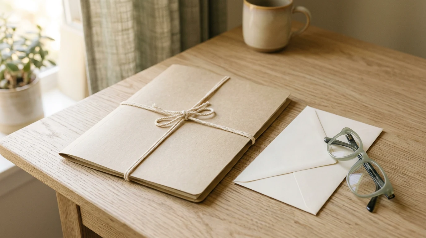 Closed leather folder and gavel-free quiet desk with a plain envelope and reading glasses