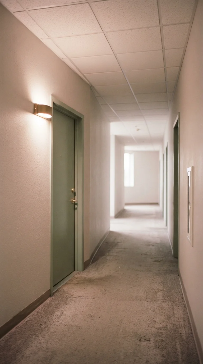 Empty corridor with single worklight and office door, muted tones