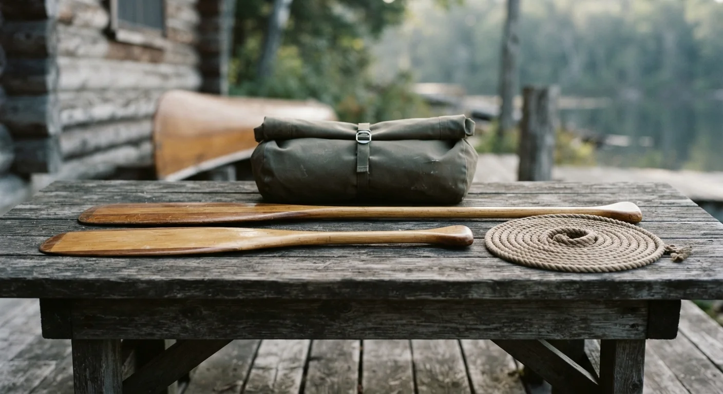 Paddles, dry bags, and a coiled rope on a weathered bench