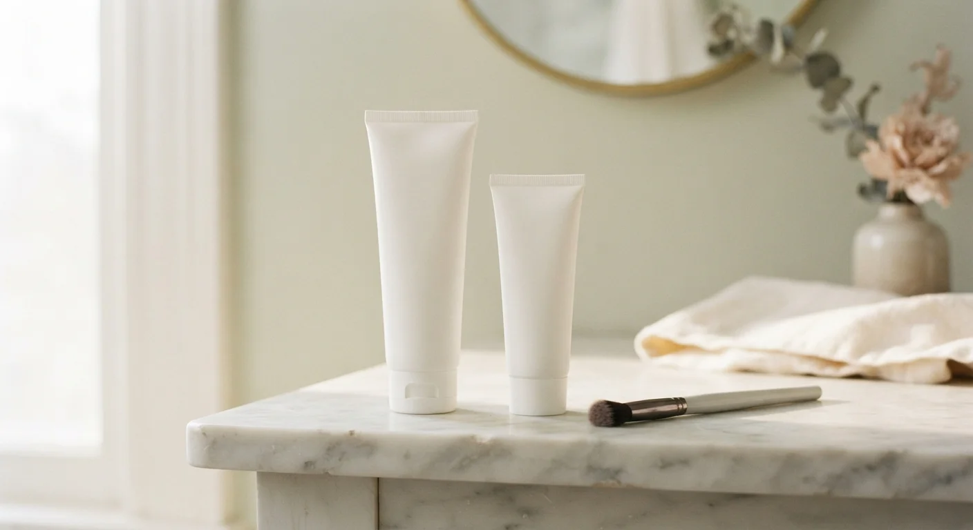 Two unbranded tubes and a small brush upright on a bright vanity shelf
