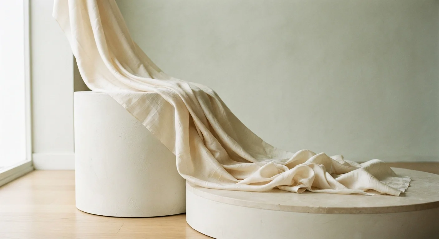 Diagonal folds of pale silk on a plinth