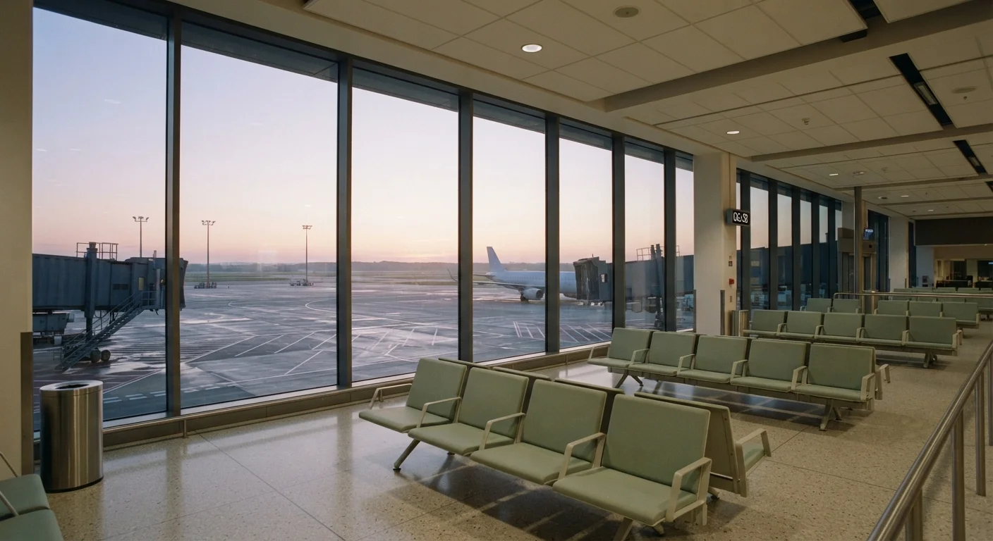 Departure board wall of blank panels above an empty terminal concourse at dusk