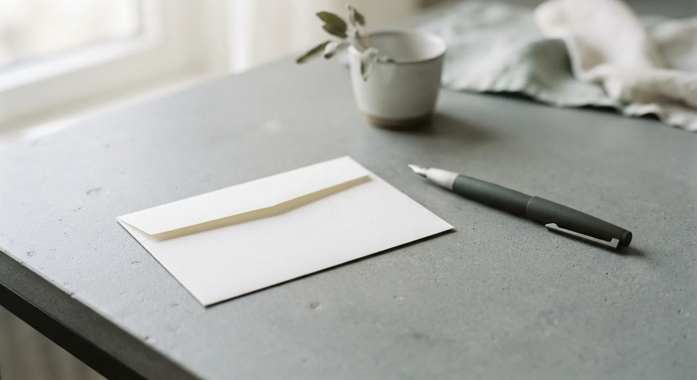 Sealed blank envelope and pen on a neutral civic desk in even light