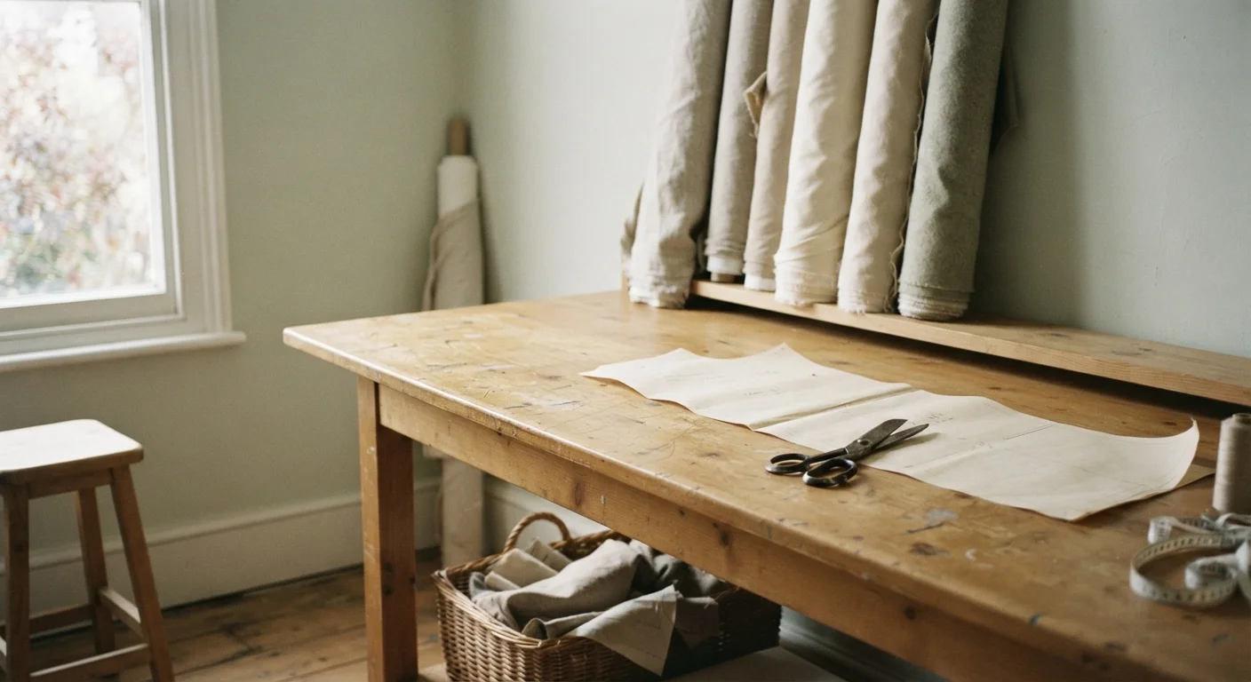 Bolts of fabric and a worktable in an empty sample room