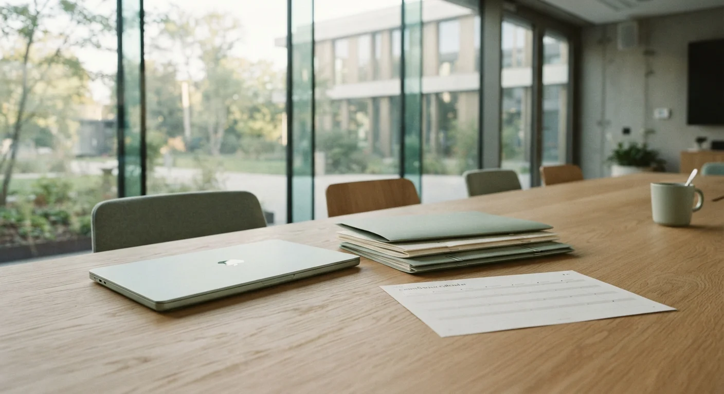 Closed laptop and stacked document folders on a conference table in soft daylight