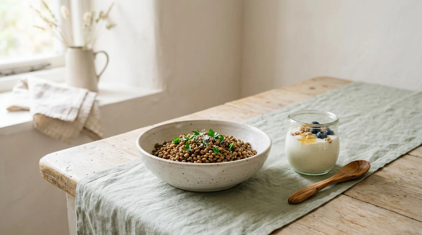 Lentil bowl and Greek yogurt on kitchen counter morning light