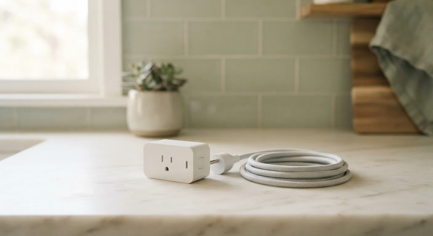 White smart plug on a kitchen counter beside a lamp cord