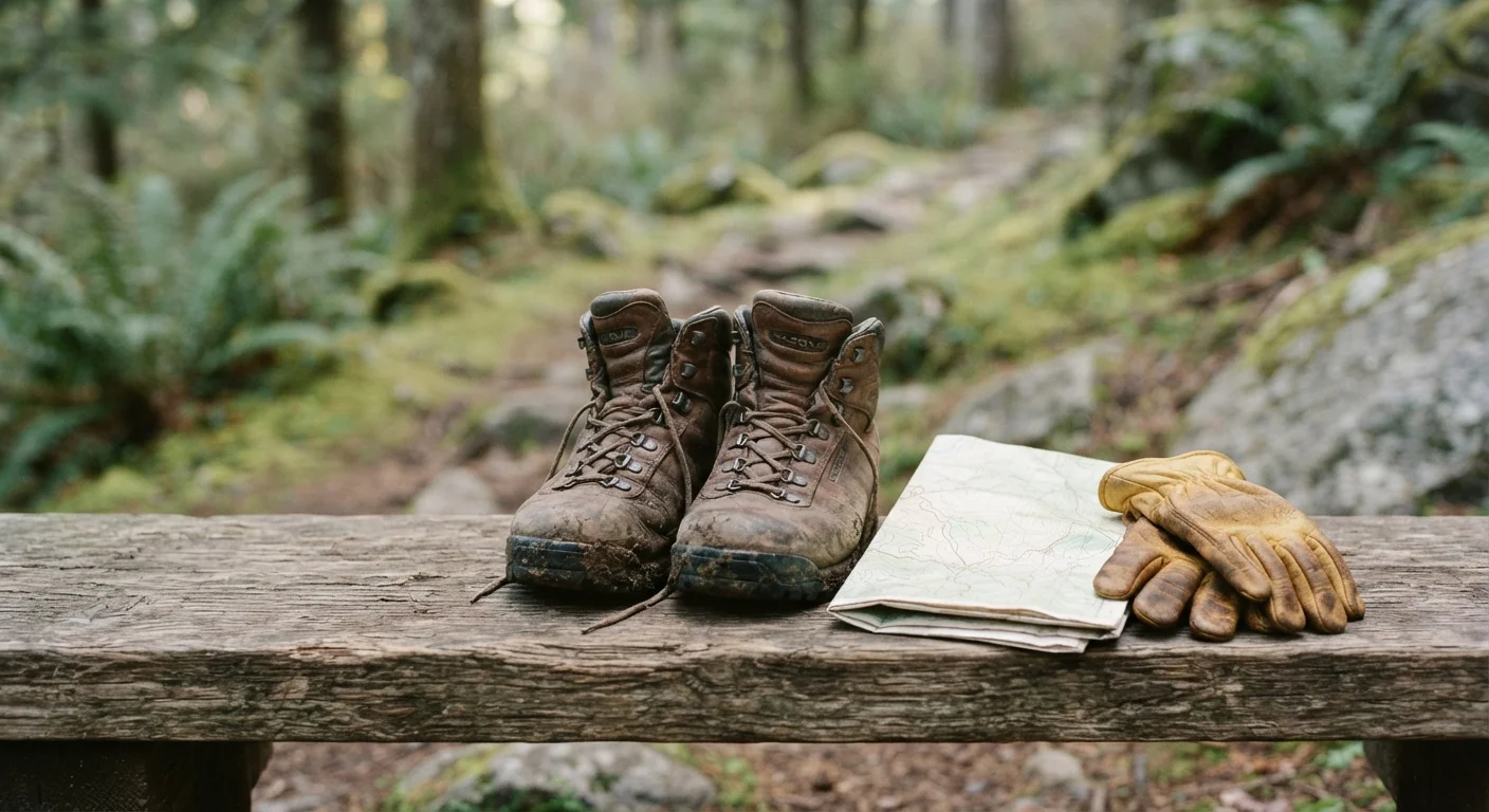 Hiking boots, gloves, and a map laid on a wooden bench