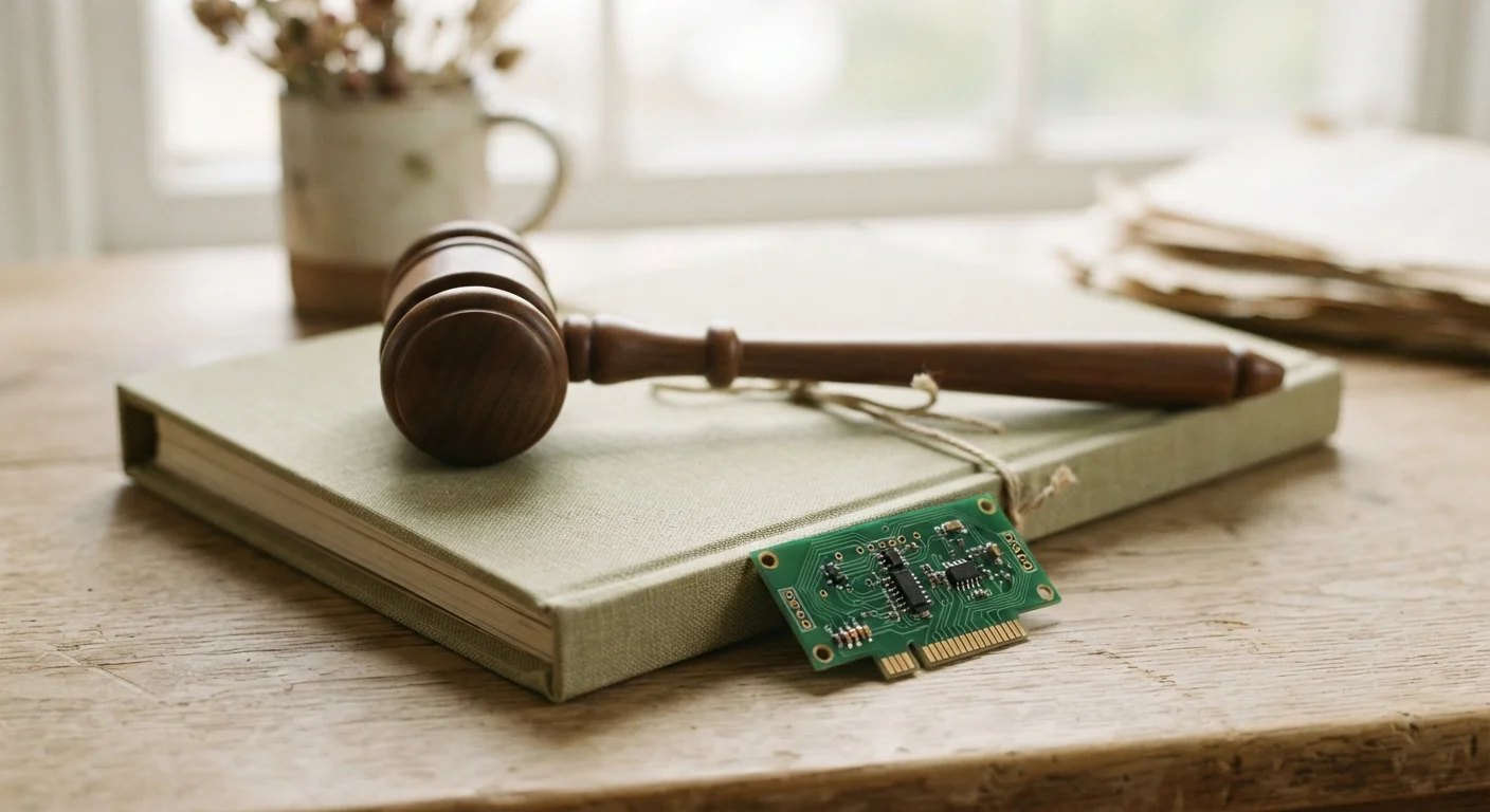 Gavel resting on a closed legal folder beside a circuit board