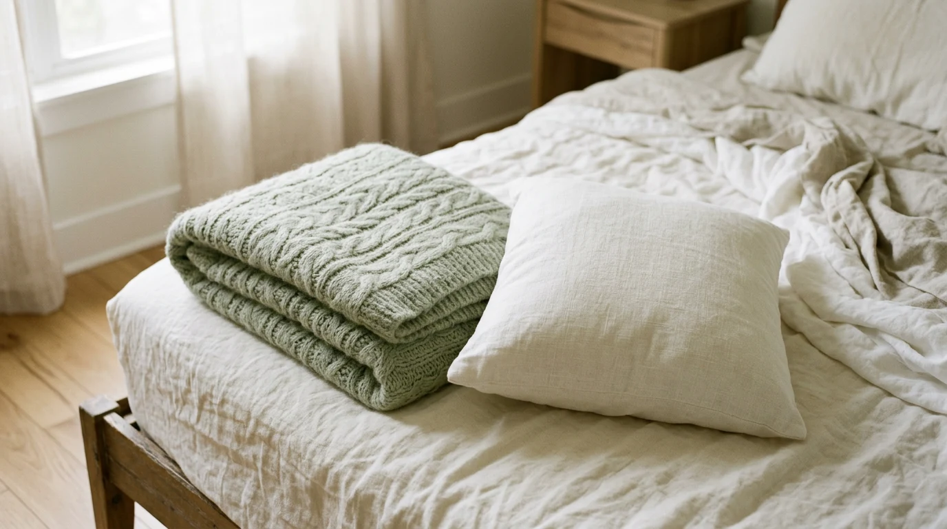 Folded blanket and pillow on neat bed morning light