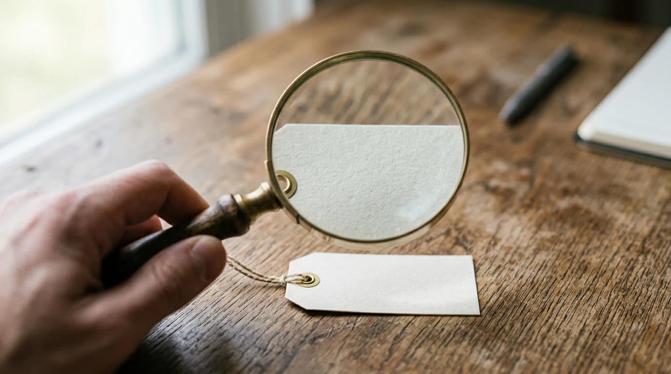 A price tag under a magnifying glass, with a faint ghosted "previous price" number showing through behind the bold discount figure.
