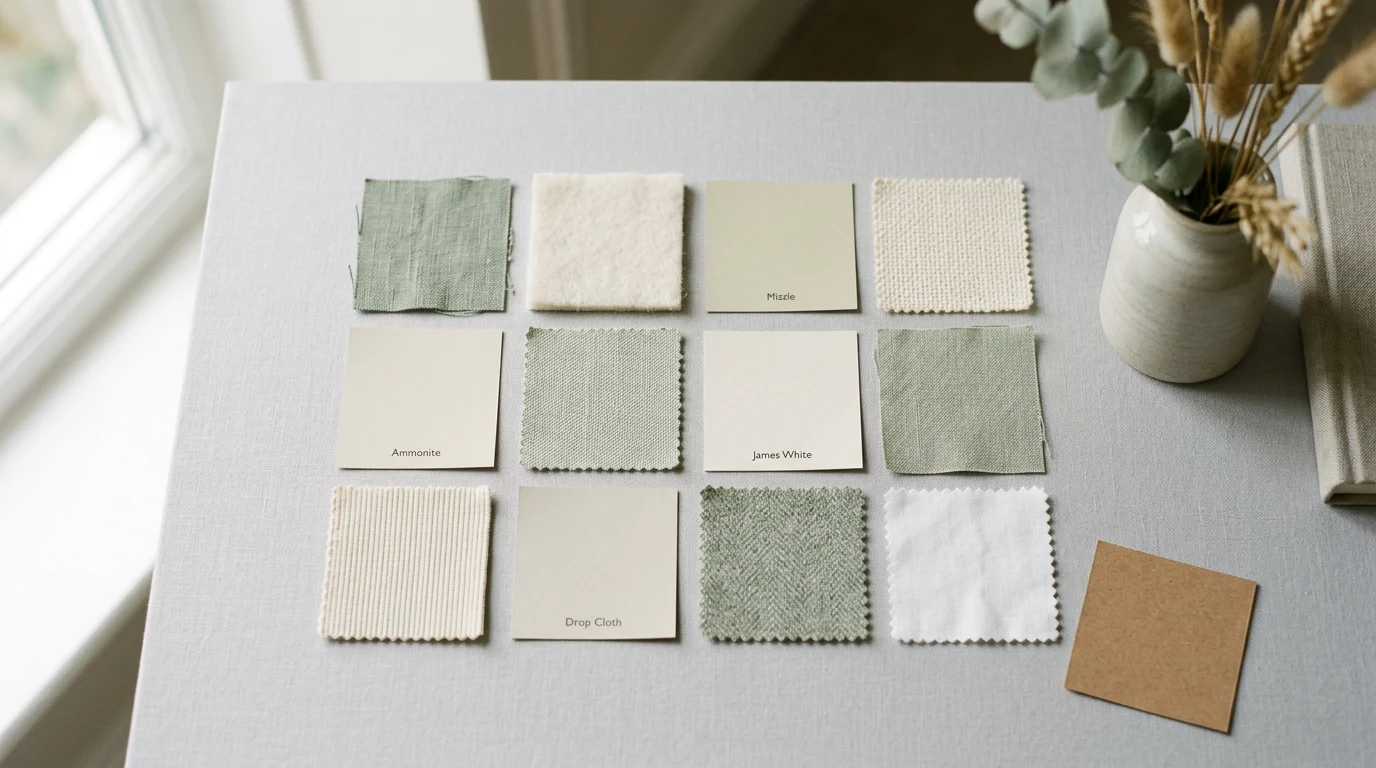 Fabric swatches and paper color chips in a grid