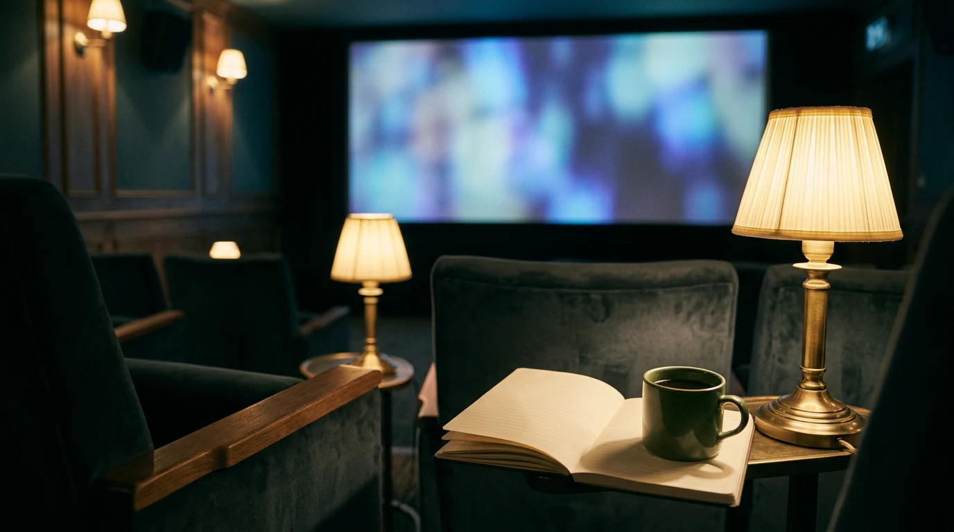 Dim screening room with a glowing abstract screen
