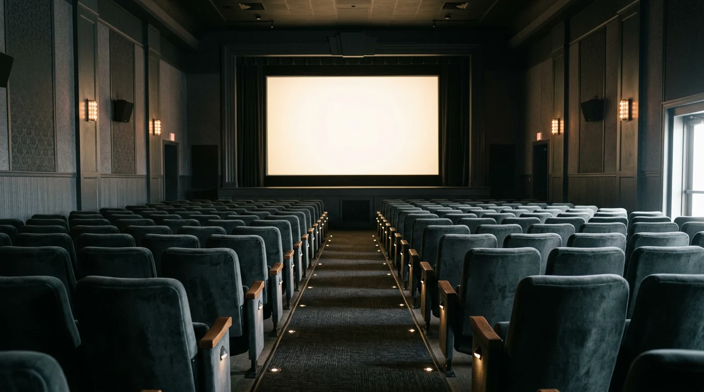 Empty cinema auditorium seats in low warm light