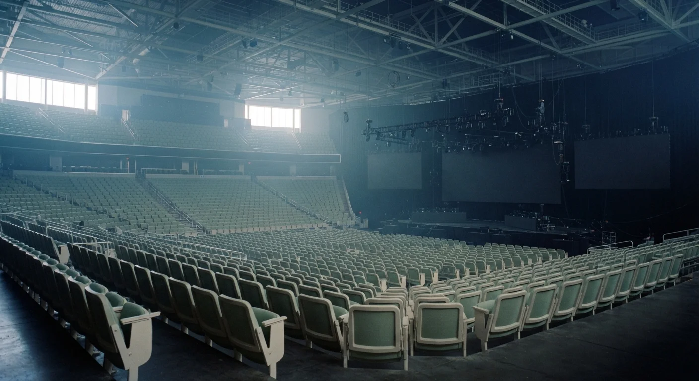 Empty esports arena with stage rigging in blue haze