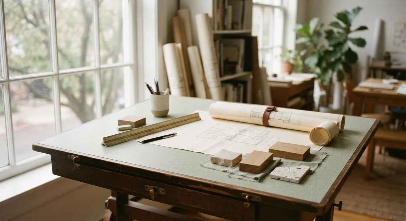 Drafting table with rolled plans and stone and wood samples