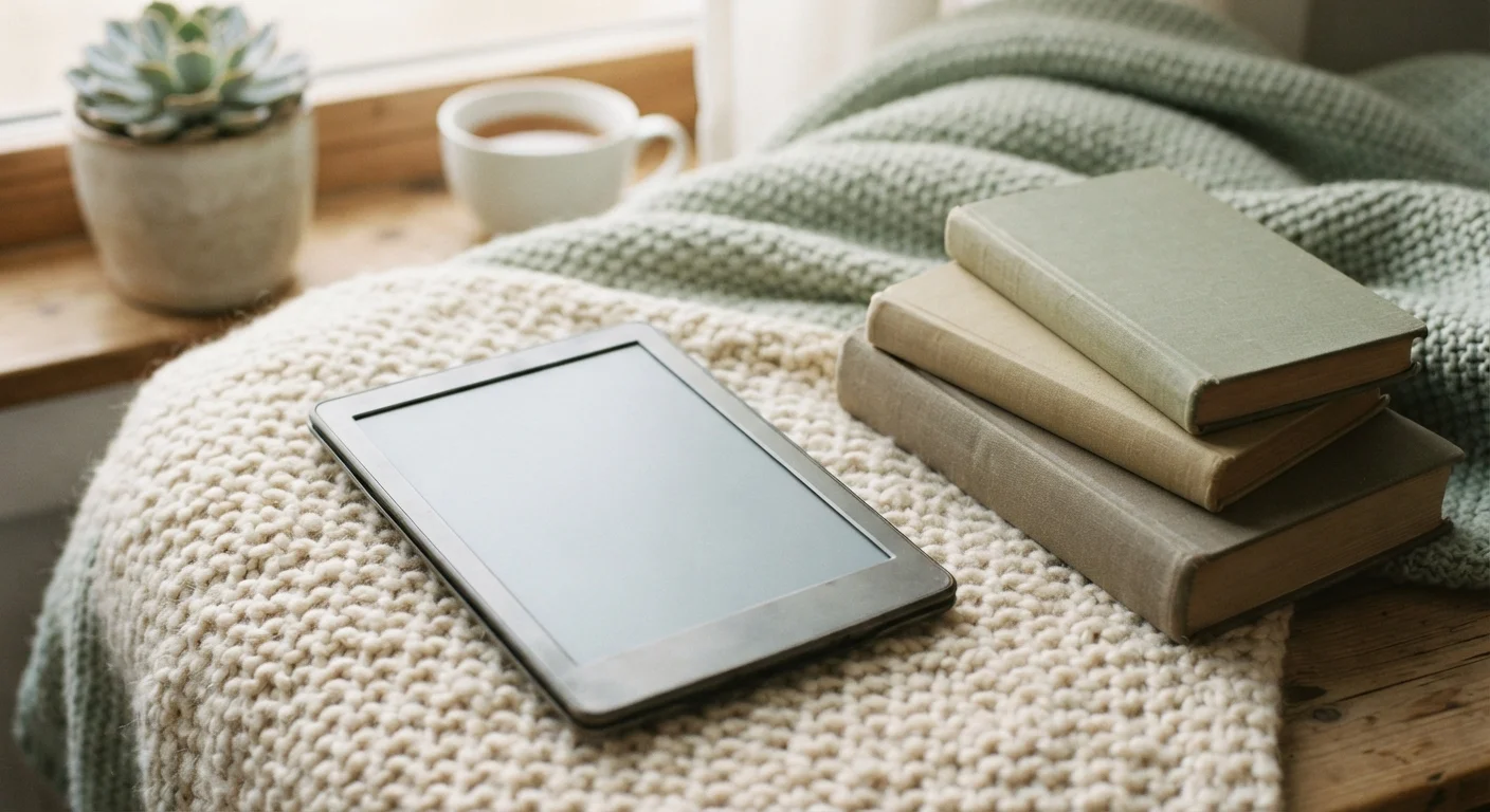Generic unbranded e-reader on a knitted blanket beside a borrowed paperback stack