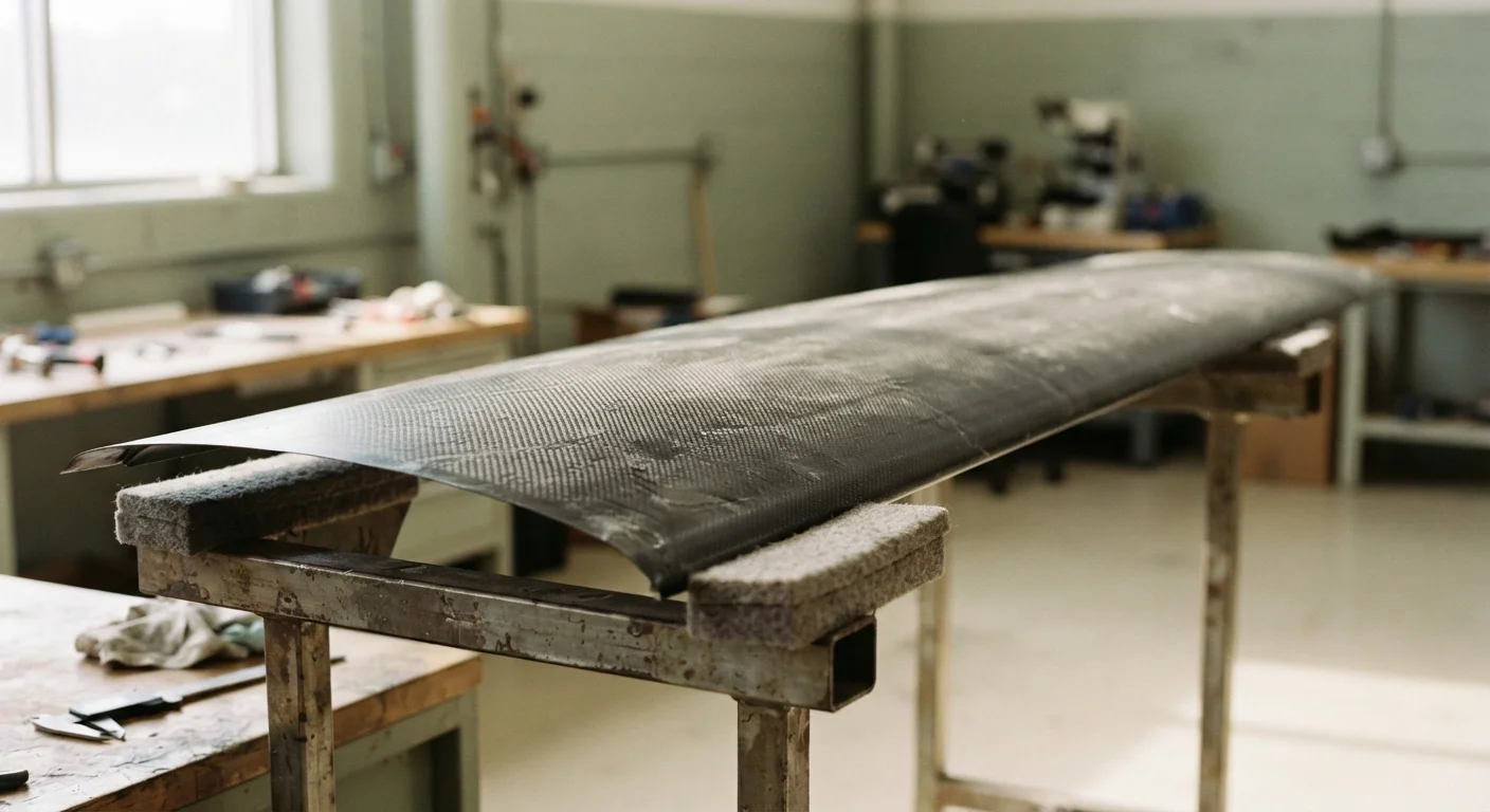 Carbon-fiber wing skin panel under workshop inspection light