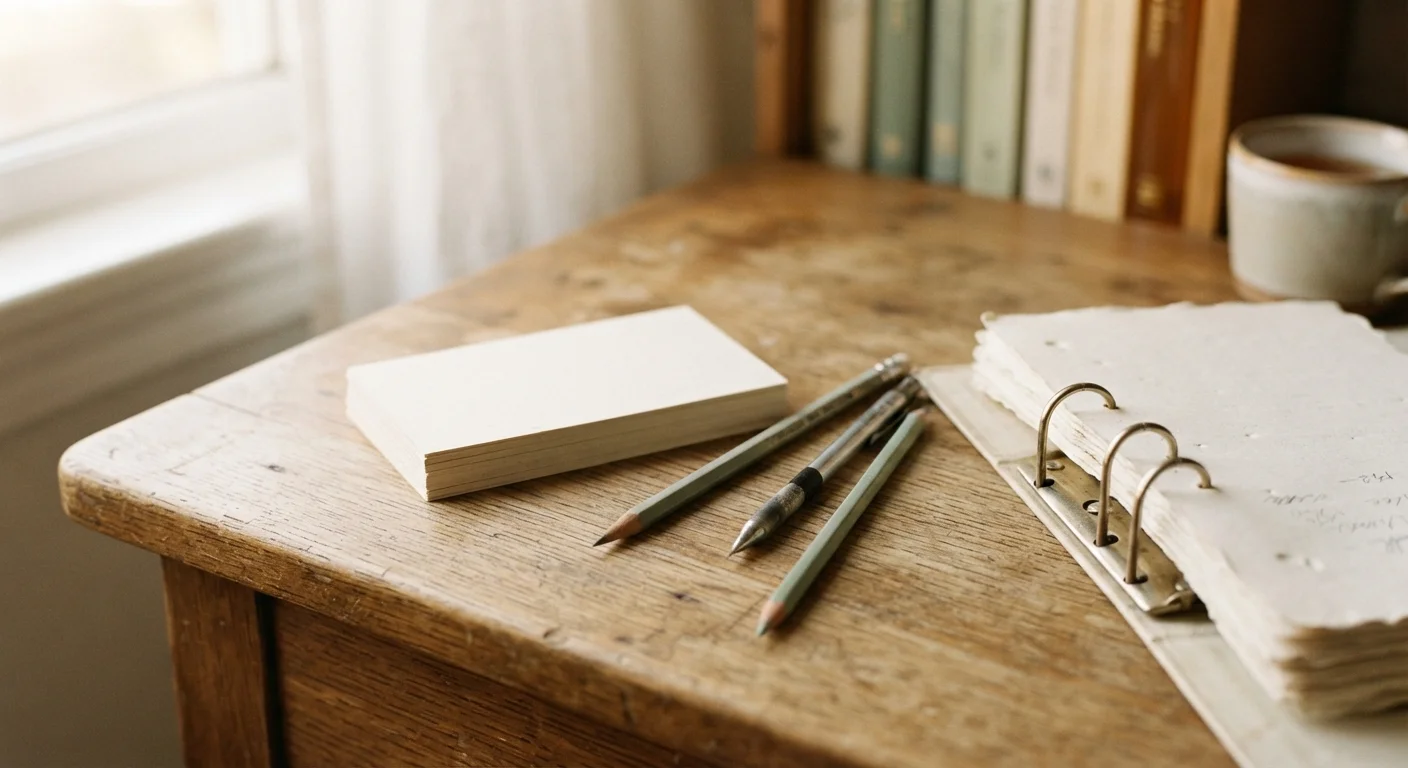Index cards and pencils on worn wooden desk in morning light