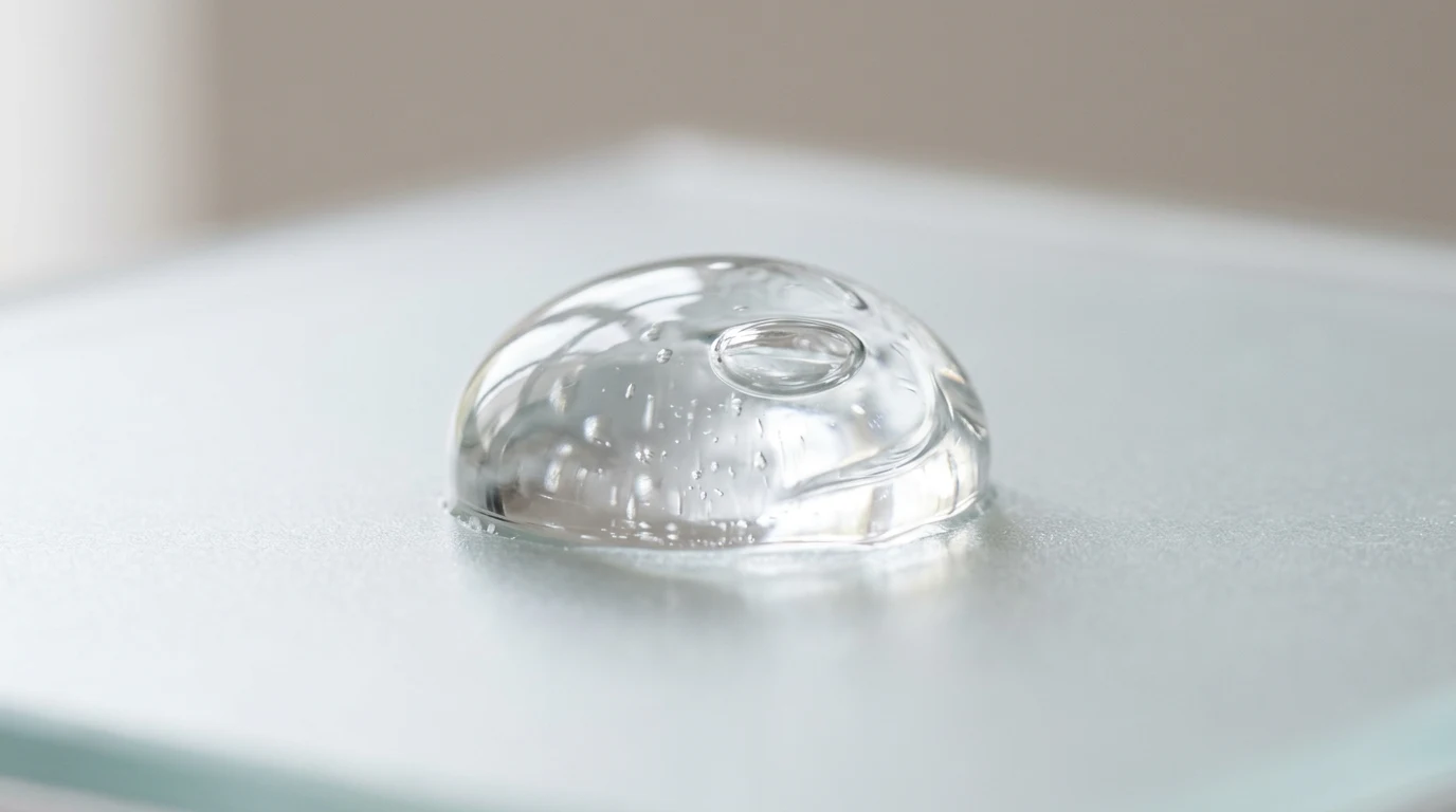 Azelaic acid's molecular structure dissolving into a translucent skincare gel droplet, rendered in Beauty Ring's soft studio-lit, ingredient-forward visu.