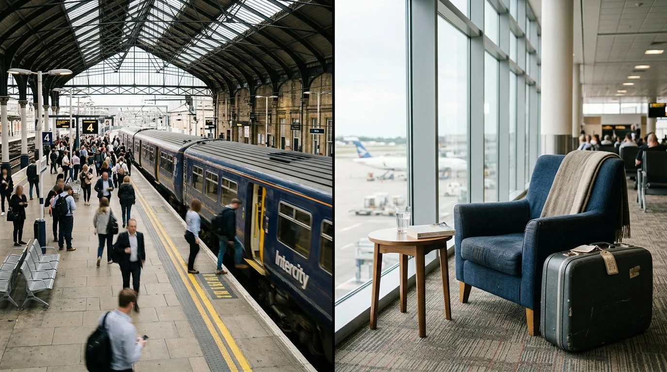 Down the middle: on one side a departure board and a train platform sign pointing toward Amsterdam Centraal, on the other a cozy pre-security terminal nook.