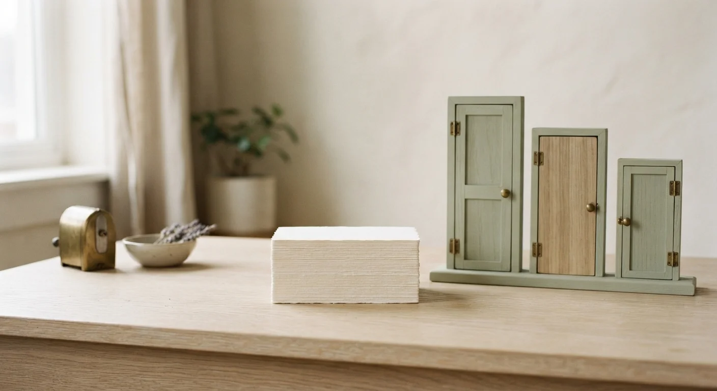 Stacks of identical paper cards fed toward three doors