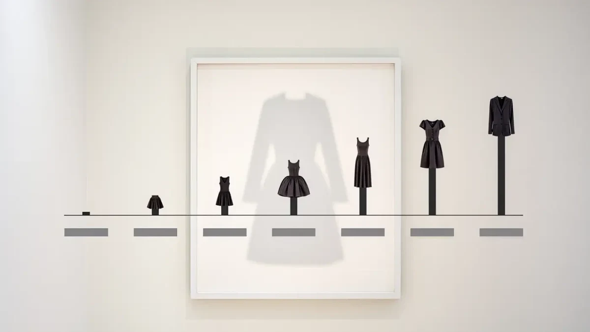 Minimal editorial chart of museum fashion exhibition attendance across decades on a pale gallery background