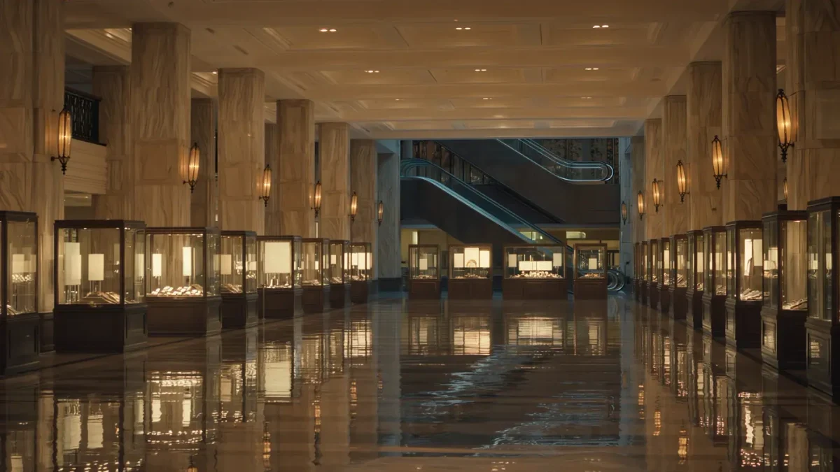 Empty elegant department store floor at dusk with lit display cases and no people