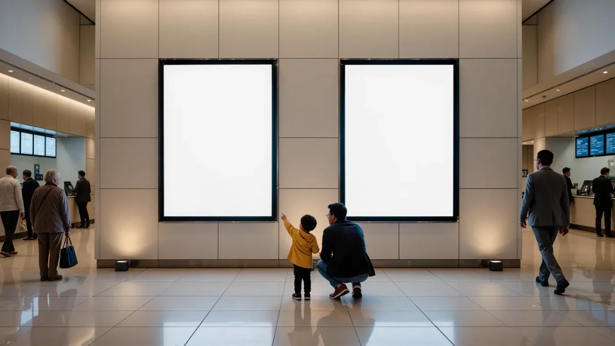 Parent and child choosing between two movie posters at a cinema lobby