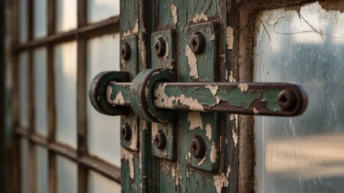 Paint-crusted cast-iron latch on an old SoHo loft window