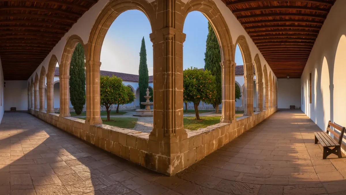 Monastery cloister arcade casting long shadows across a courtyard