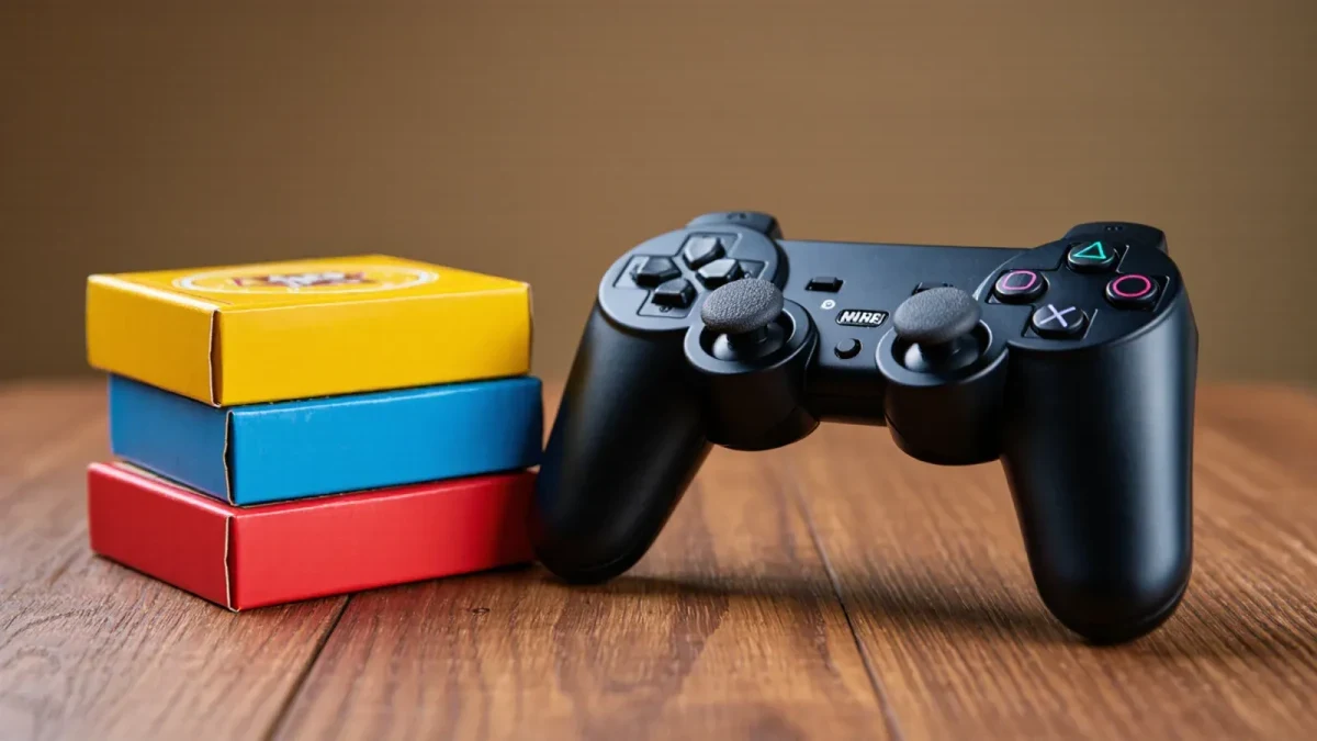 Game controller resting beside stacked board game boxes