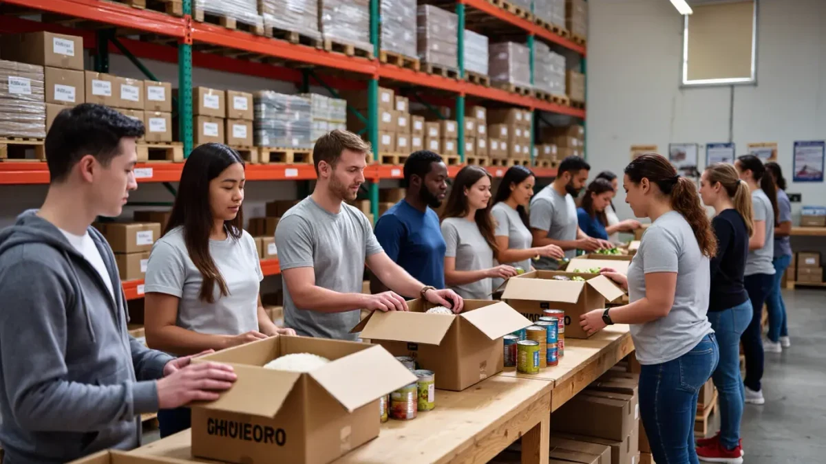 Volunteers sorting donated food boxes at a community pantry