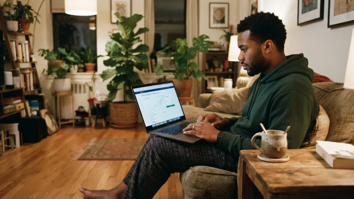 Young saver setting up an online savings transfer on a laptop at home
