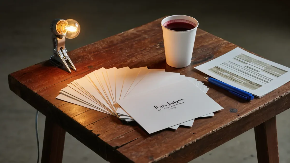 Stack of gallery postcards beside a paper wine cup