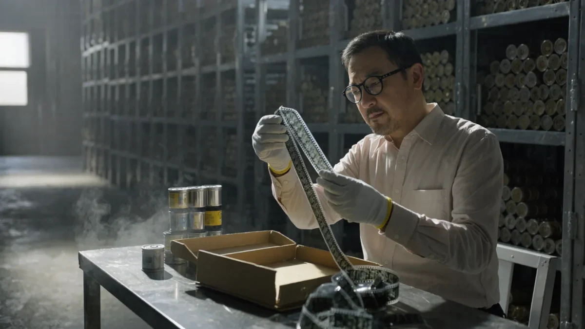 Archivist inspecting film reels in a cold storage vault