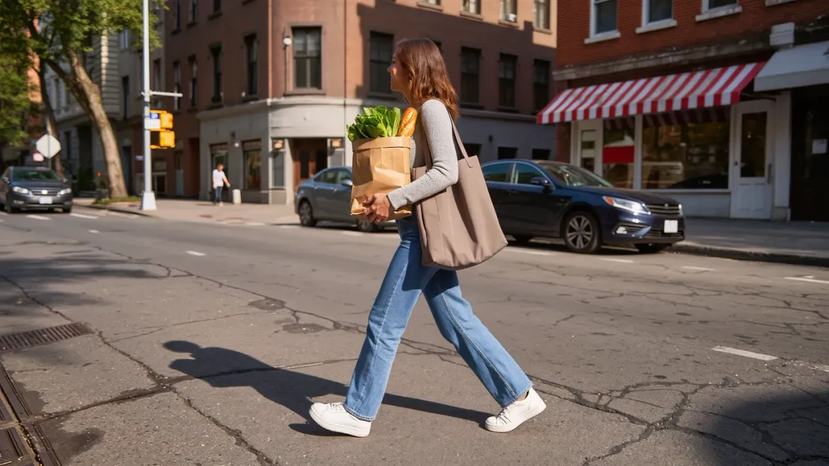 Woman in a practical put-together outfit carrying groceries and a tote on a city sidewalk