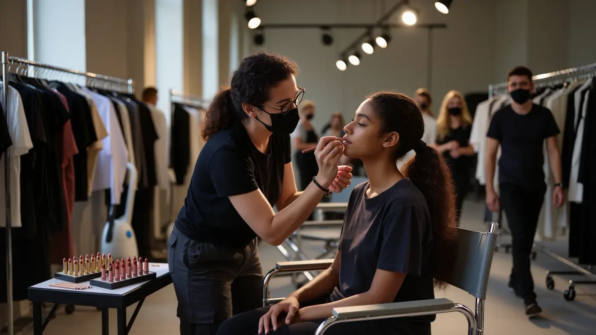 Backstage makeup artist drawing brown lip liner on a model before a show