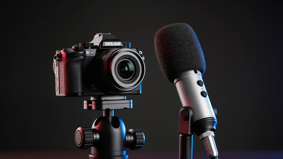 Studio close-up of a camera and microphone beside editing monitors