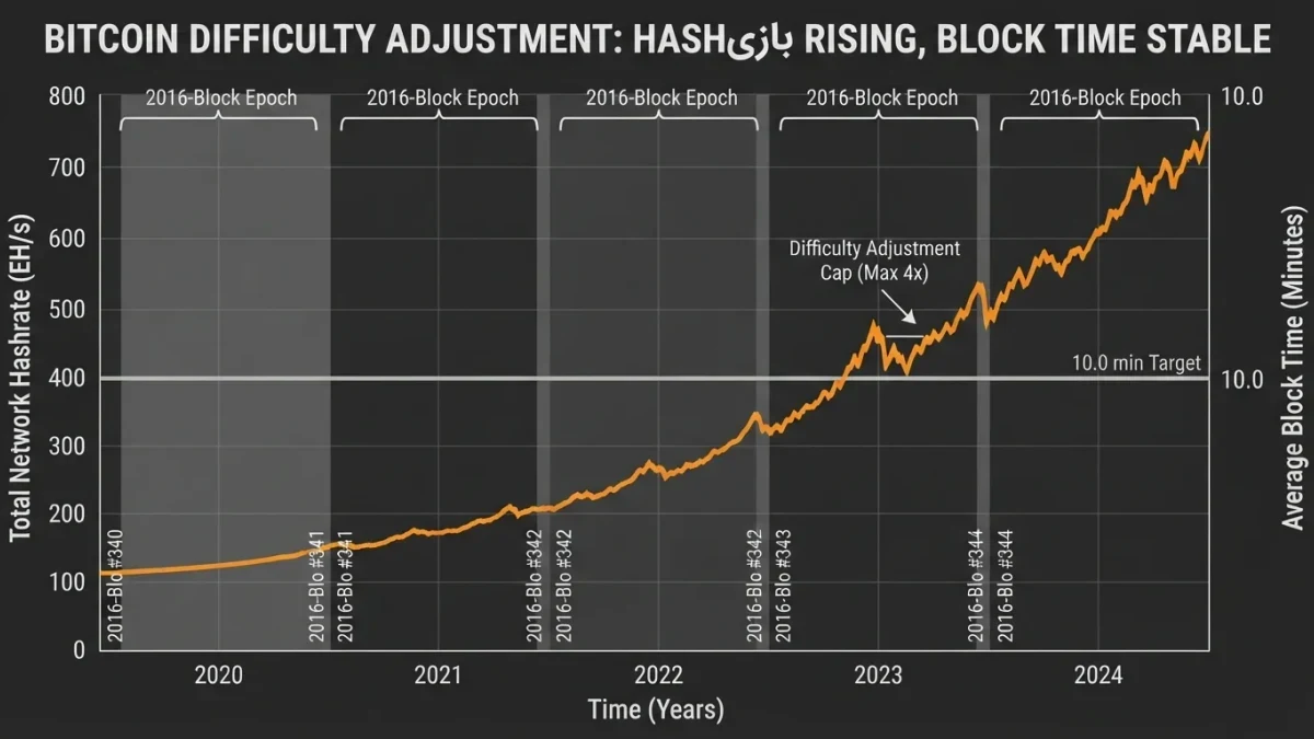 Infographic chart of hashrate rising while block time stays flat