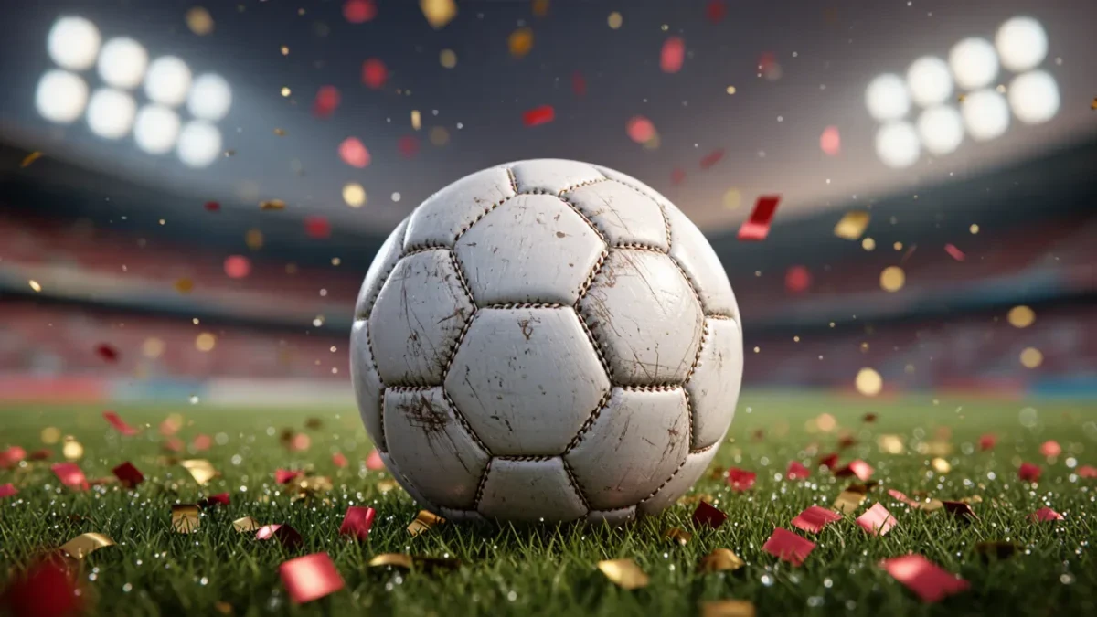 A scuffed match ball on confetti-covered stadium turf after a final