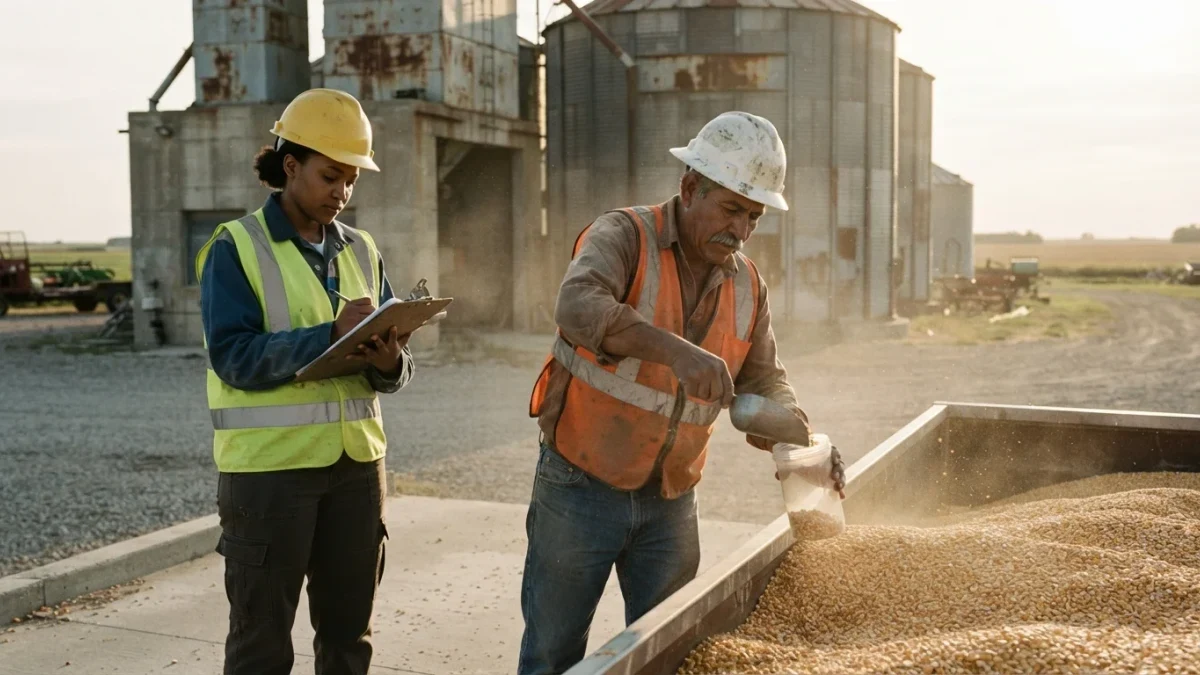 Grain inspectors sampling corn at a country elevator