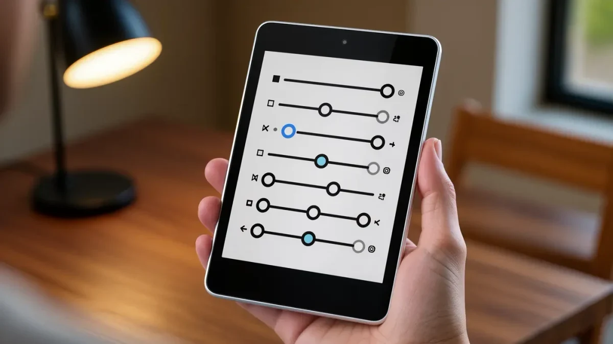 Close-up of a generic e-reader showing abstract settings toggles on screen