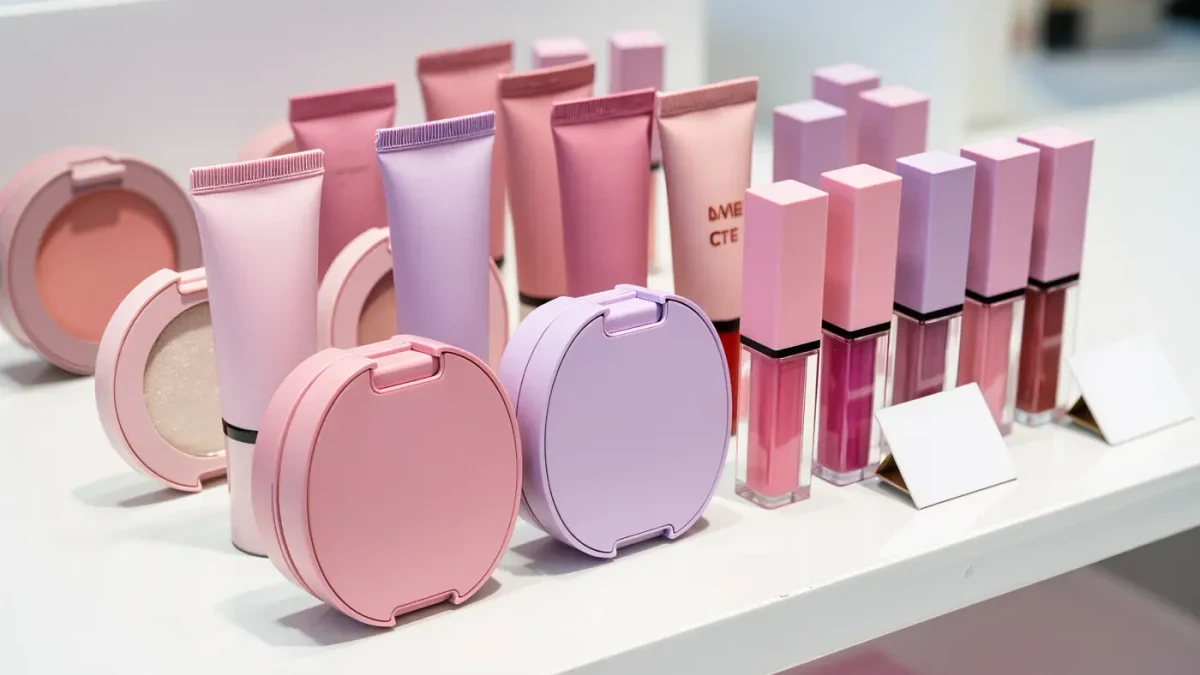 Close-up of pastel budget cosmetics display in a brightly lit drugstore